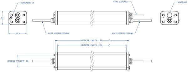 Small Mechanical plan of the EFFI-Flex2-IP69K with the watercooling connector